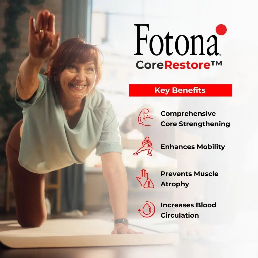Fotona CoreRestore key benefits: core strengthening, mobility, muscle atrophy prevention and circulation