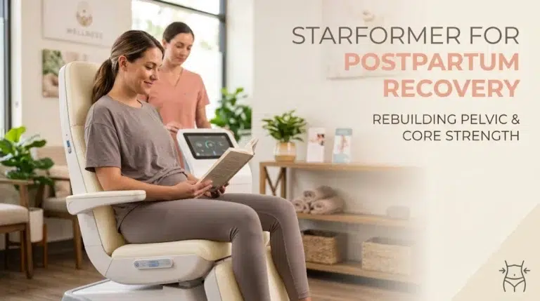 Woman reading in a StarFormer treatment chair during postpartum pelvic floor and core treatment, with a provider nearby